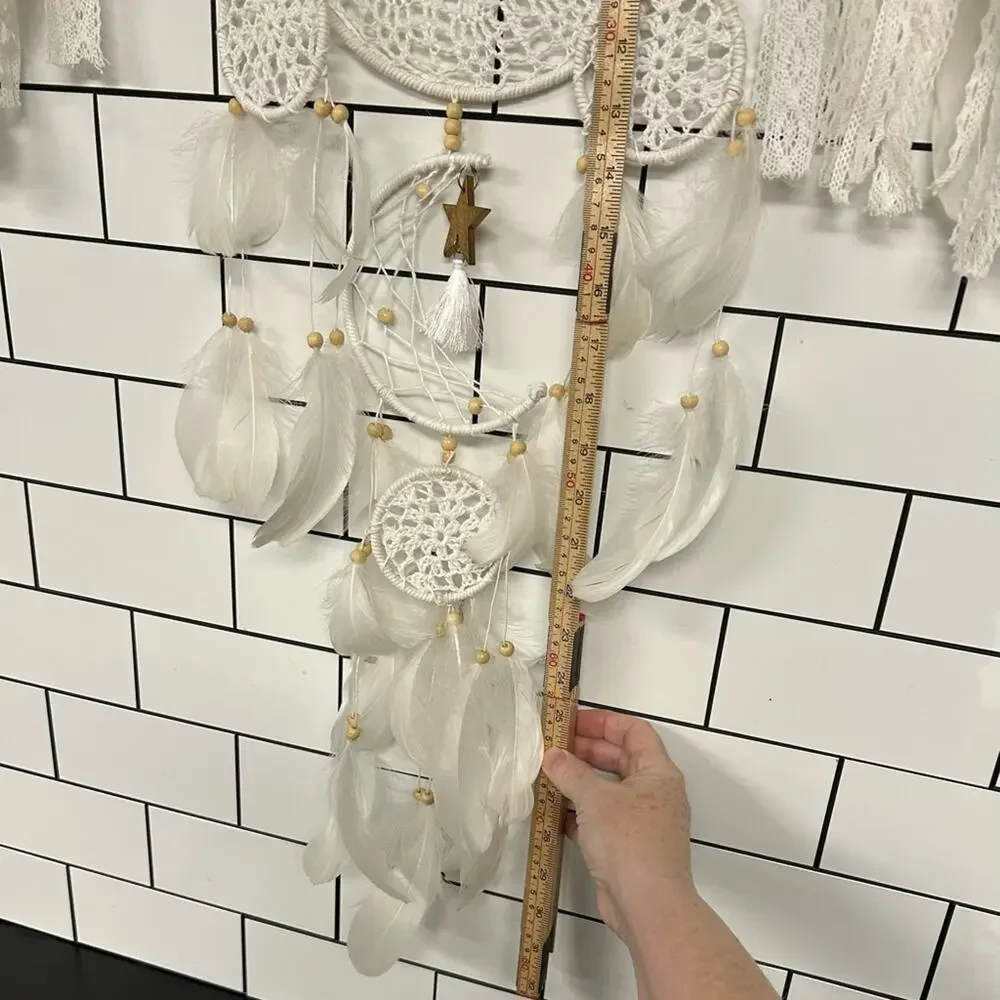 Boho Cream Dreamcatcher Wall Set 6pc Lace Feather Crochet Hanging Decor - Picture 7 of 9